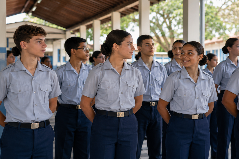 alunos de escola militar uniformizados e posicionados