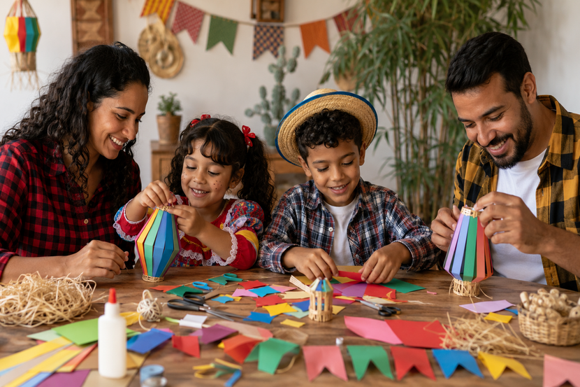 família fazendo decoração de dia de são joão no modo DIY