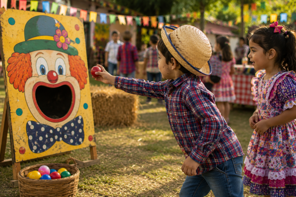 crianças brincando de boca do palhaço em uma festa junina