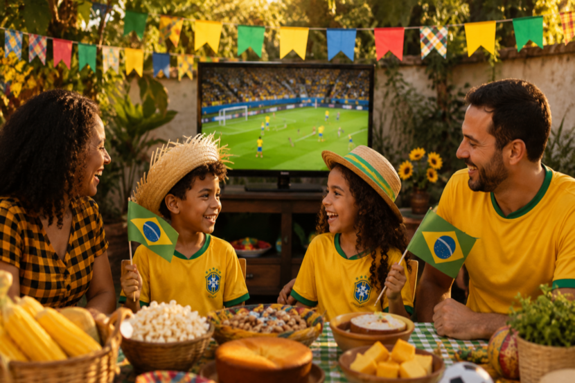 mesa de festa junina e copa do mundo decorada 