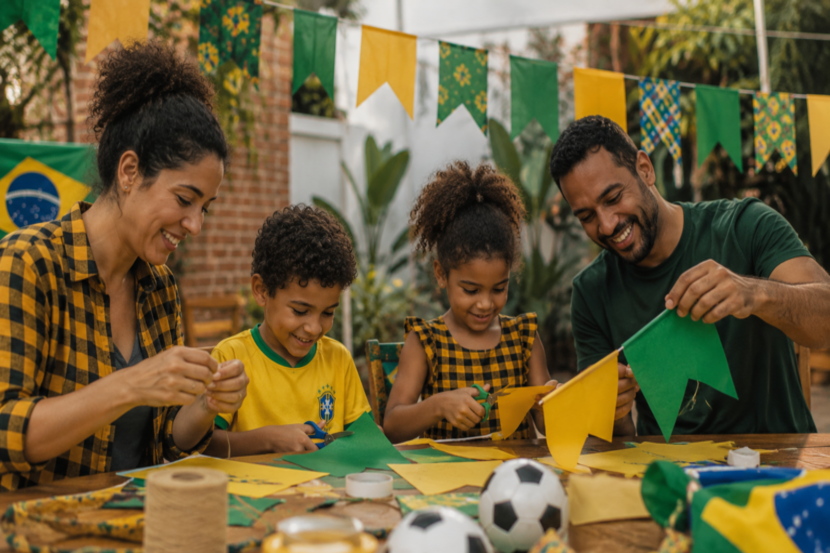 família preparando decoração de festa junina com tema da copa do mundo