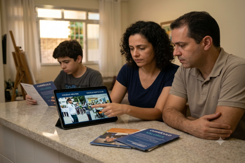 pais pesquisando em dúvida entre escolher entre colégio militar ou escola particular para o filho