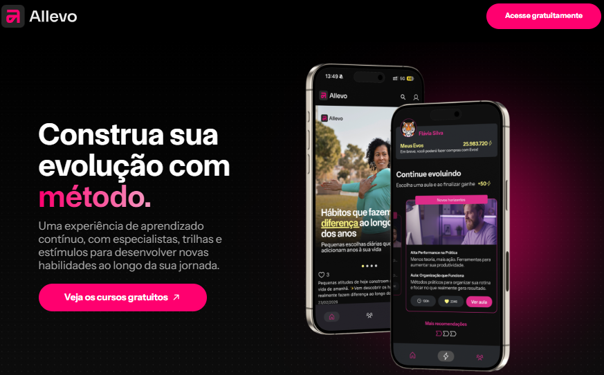 Plataforma Allevo, presente no Clube da Virada, oferece cursos online e trilhas de aprendizagem para desenvolvimento pessoal e profissional.