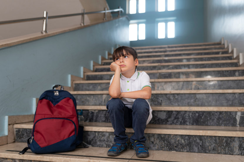 criança emburrada sentada em escada da escola esperando sozinha
