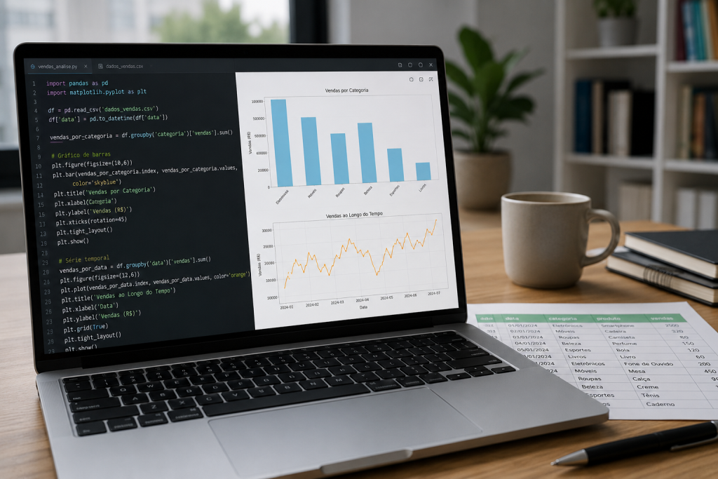 Pessoa analisando dados reais com Python em notebook, usando pandas, tabelas e gráficos em um projeto de análise de dados.