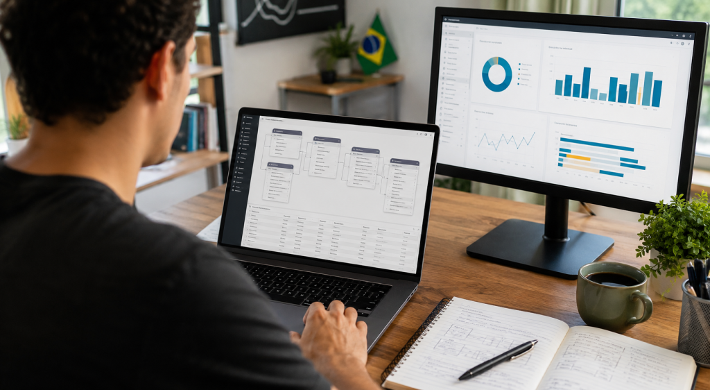 Pessoa estudando SQL em laptop com visualização de banco de dados e painel de análise de dados.