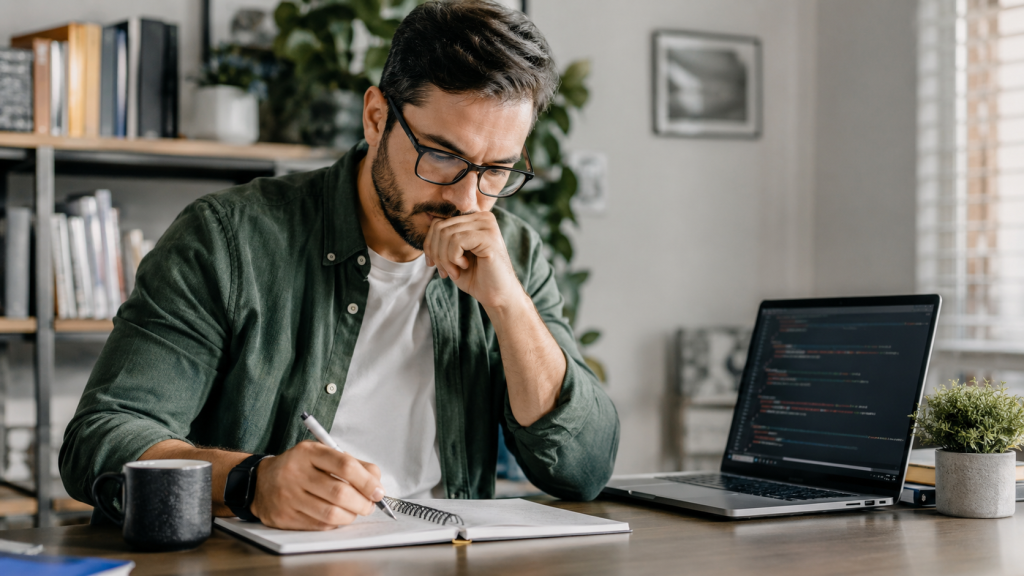 Pessoa adulta estudando programação no notebook para transição de carreira para tecnologia após os 30 anos.