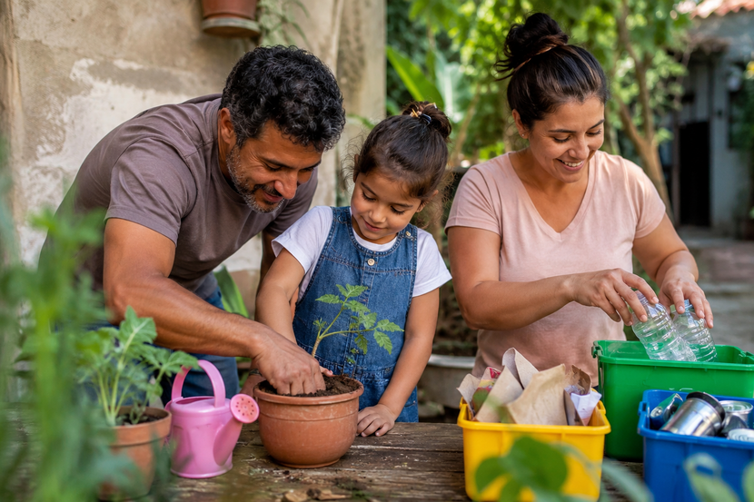 pais ensinando sobre preservação do meio ambiente com reciclagem e plantação de mudas