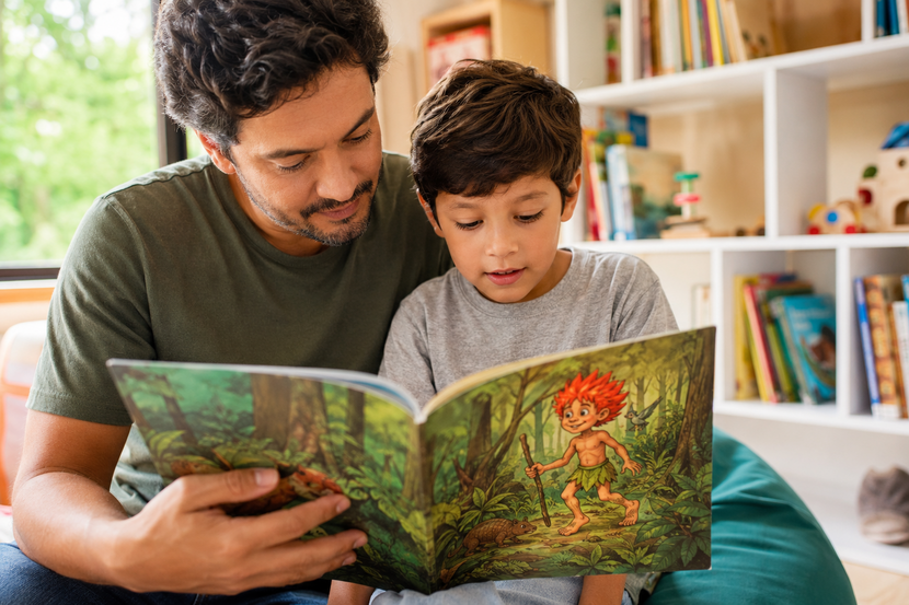 pai contando a história do folclore brasileiro para o filho no dia do curupira