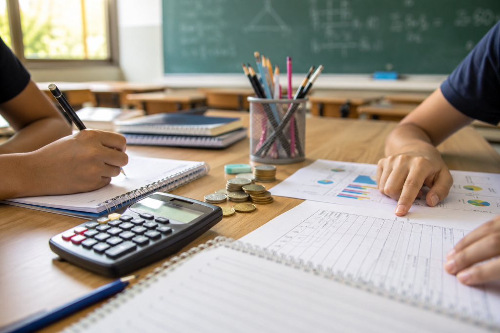 Estudantes em sala de aula com caderno, calculadora e materiais de estudo sobre educação financeira.