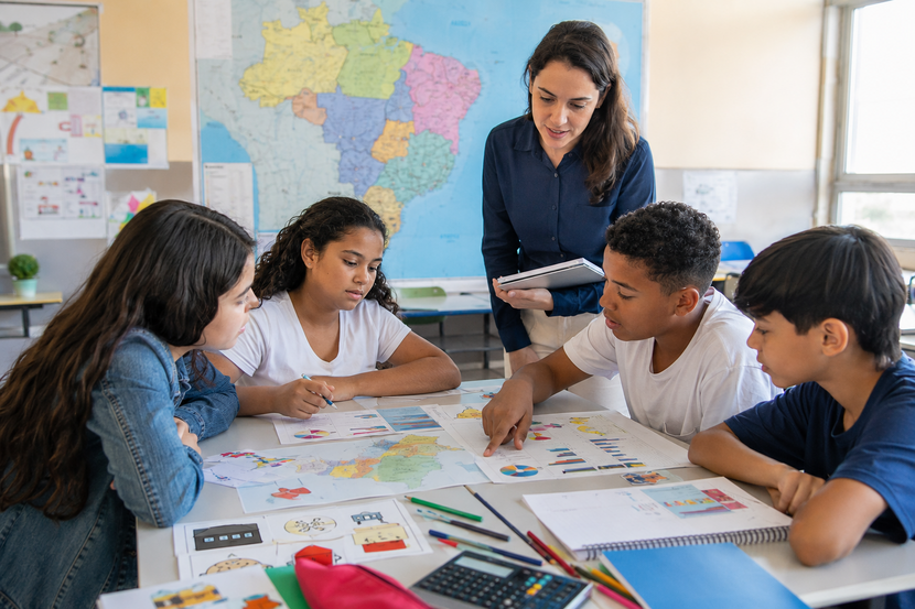 professora ensinando educação financeira na escola na aula de geografia