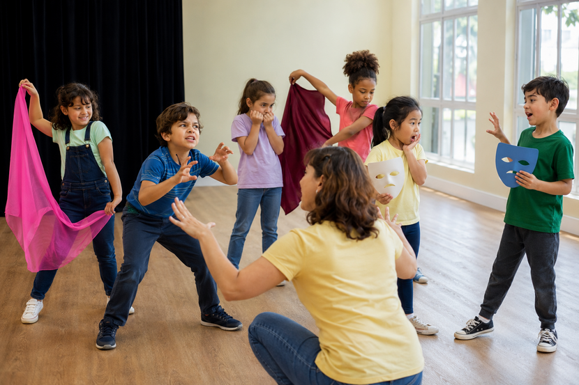 crianças em aula de teatro infantil participando de atividade de expressão corporal na escola