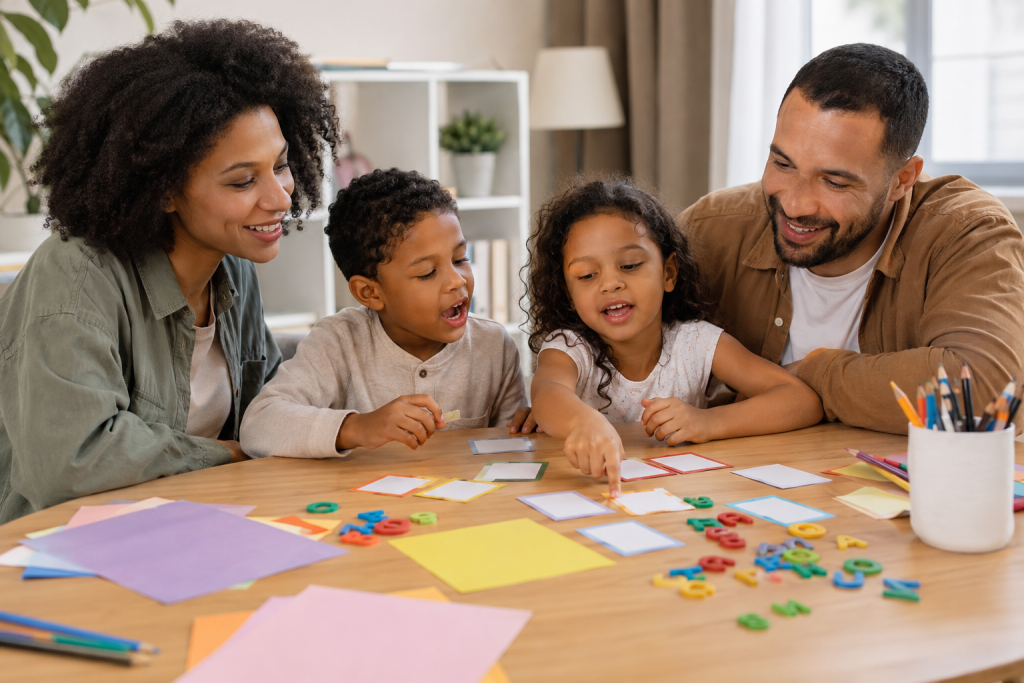 Família criando trava-línguas com crianças em uma atividade com cartões, lápis e folhas coloridas