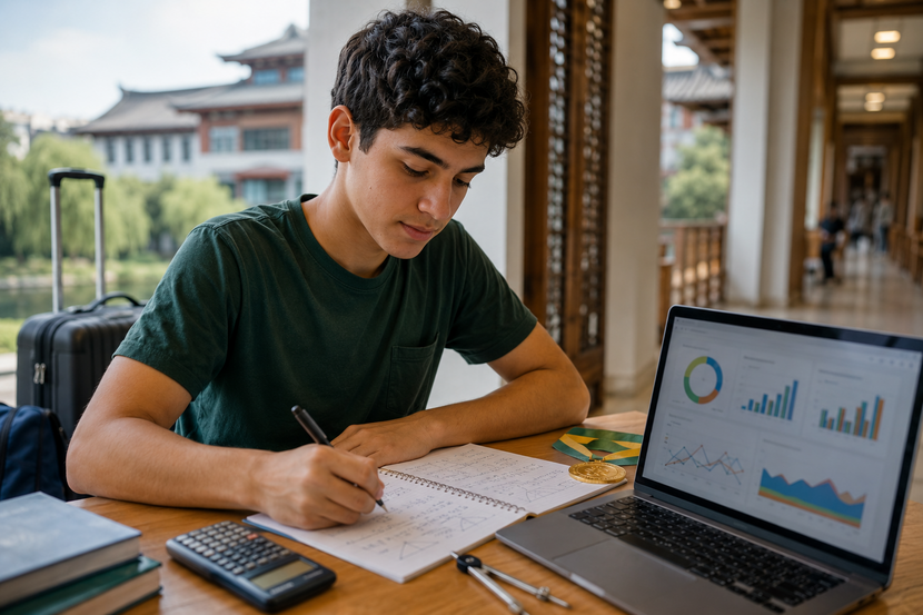 Estudante se preparando para a OBMEP com medalha, materiais de matemática e itens de viagem para intercâmbio na China