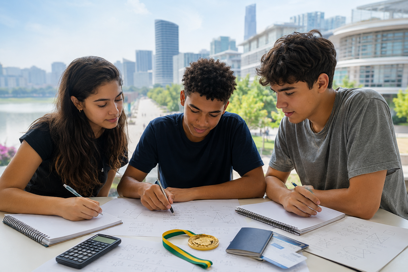Estudantes brasileiros estudando matemática com medalha de ouro e itens de viagem, em referência ao intercâmbio da OBMEP na China
