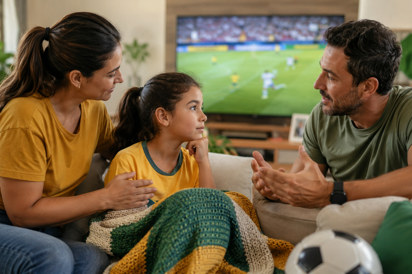 pais consolando e conversando com filha após eliminação do Brasil na Copa