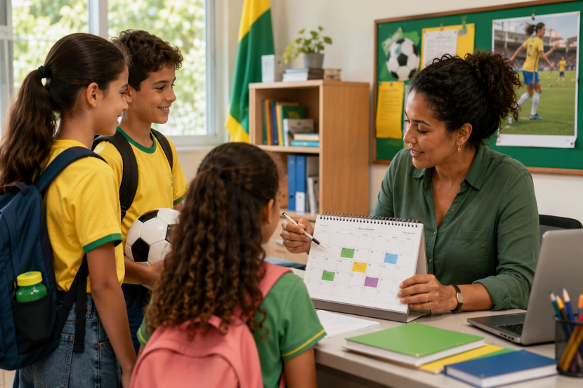 professora mostrando calendário de férias escolares 2027 pra alunos