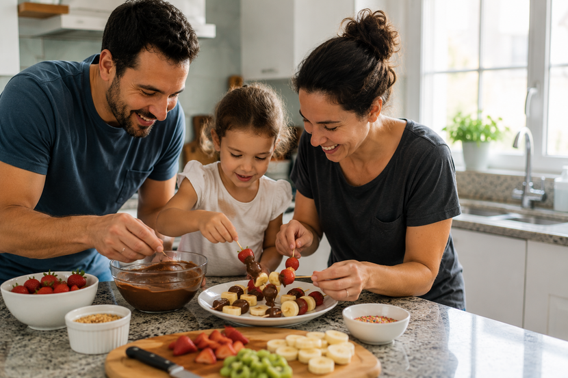 pais preparando receita de chocolate com frutas com criança