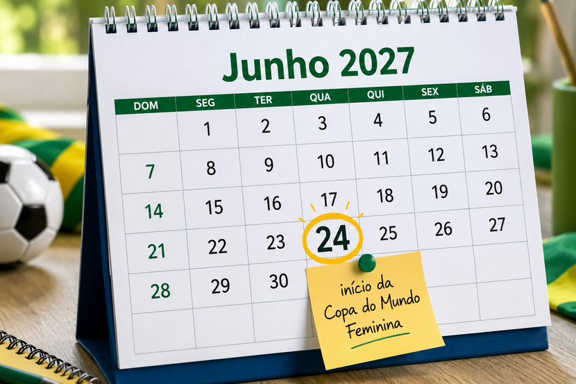 calendário de junho de 2027 marcando o início da copa do mundo feminina em 24 de junho

