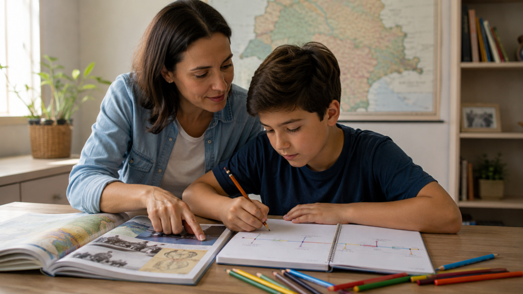mãe estudando com filho sobre o feriado 9 de julho