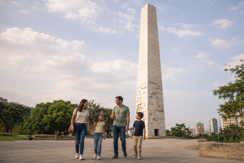 família visitando o obelisco de São Paulo no Ibirapuera no feriado 9 de julho