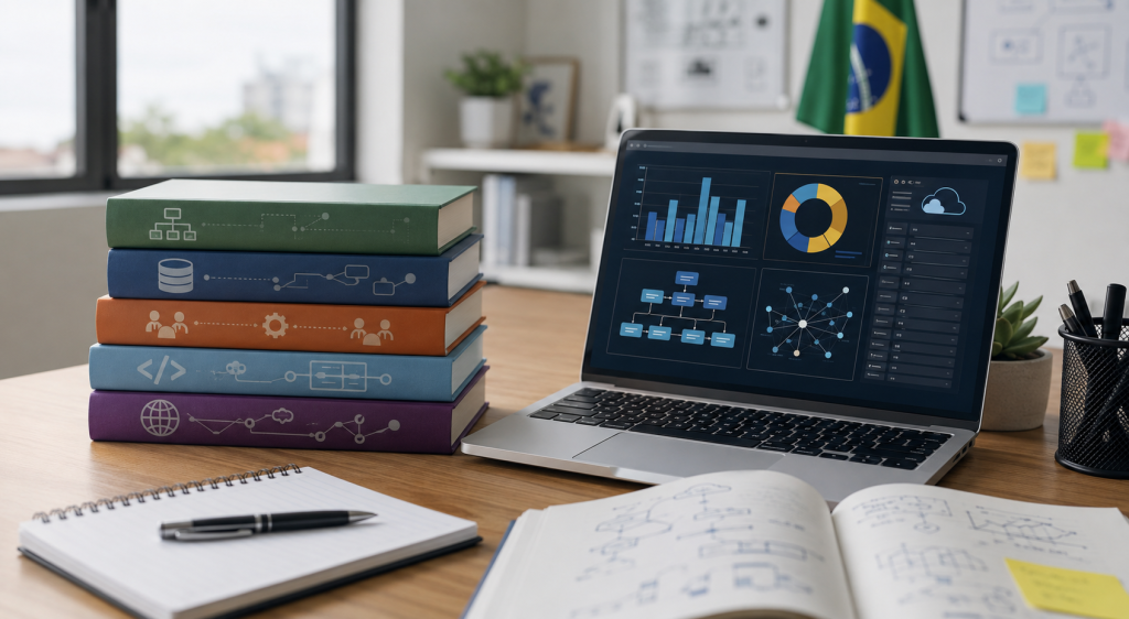 Mesa de estudos com livros de tecnologia, notebook e elementos visuais sobre dados, software e sistemas de informação.