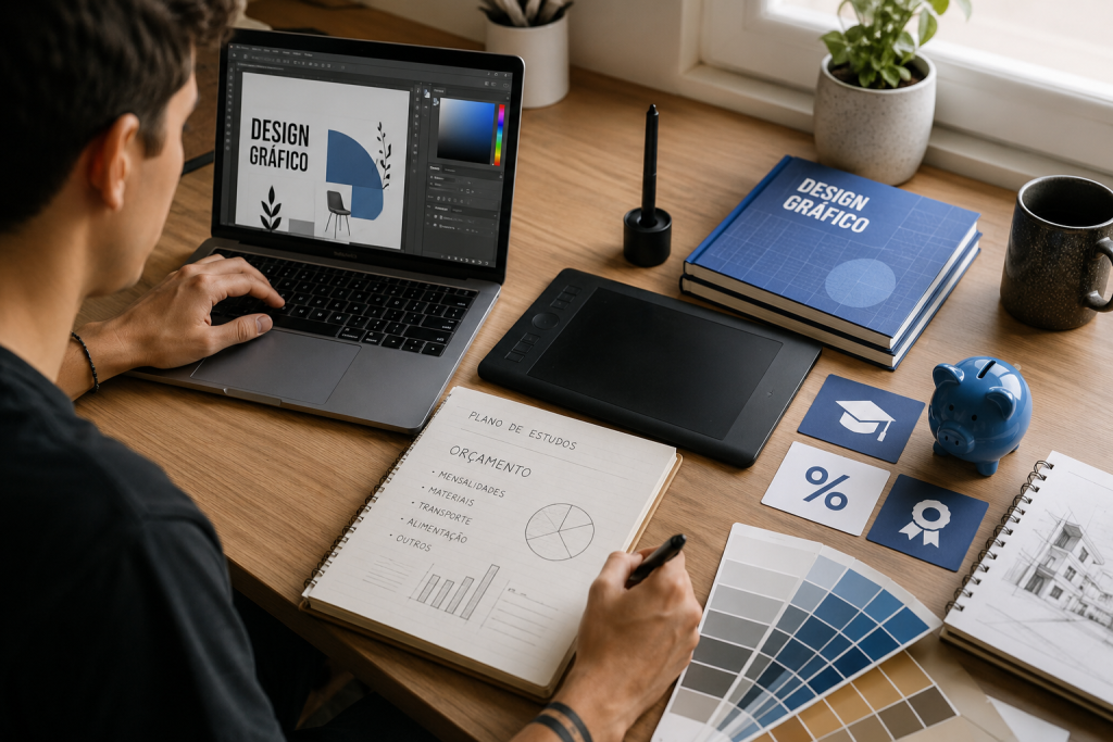 Estudante pesquisando mensalidade de Design Gráfico, bolsas de estudo e formas de ingresso em faculdade de design.
