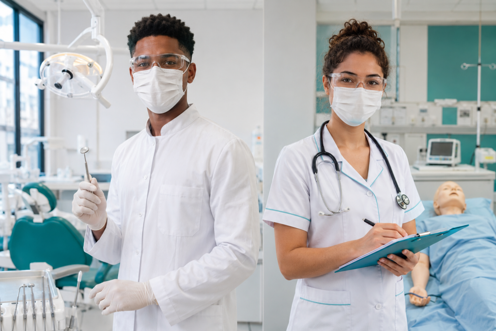 Estudante de Odontologia com espelho clínico e estudante de Enfermagem com estetoscópio em laboratório universitário de saúde.