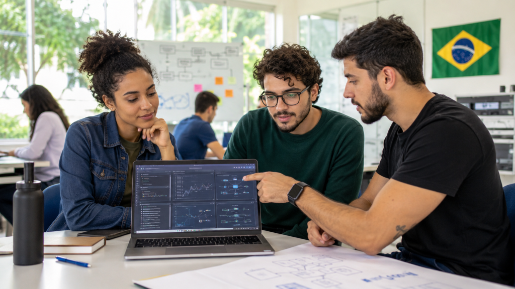 Estudantes de Sistemas de Informação analisam dados e sistemas em notebook durante atividade em laboratório de tecnologia.