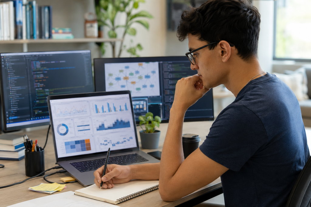 Estudante de Sistemas de Informação analisando dashboards de dados em notebook, com gráficos de BI, SQL e analytics em ambiente de estudo e trabalho.