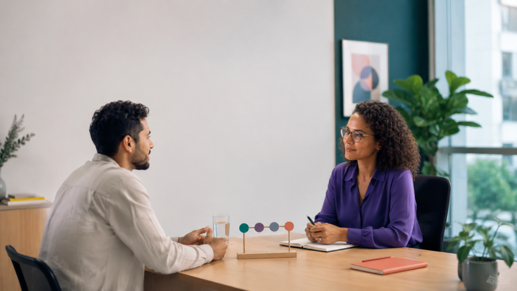 Paciente conversando com profissional de saúde mental sobre comportamento de compra.