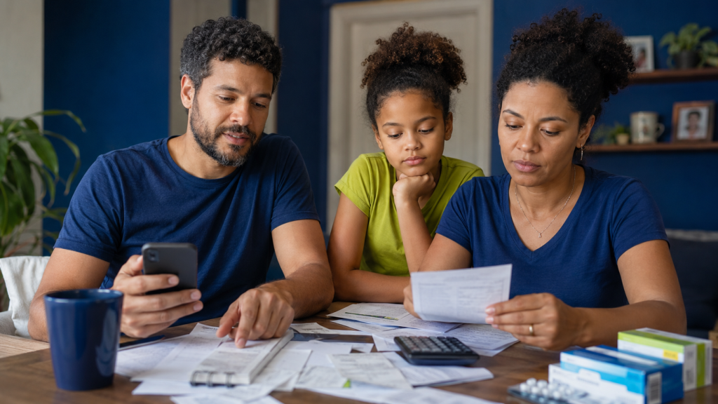 Família compara gastos e serviços de um cartão de desconto em saúde antes da contratação.