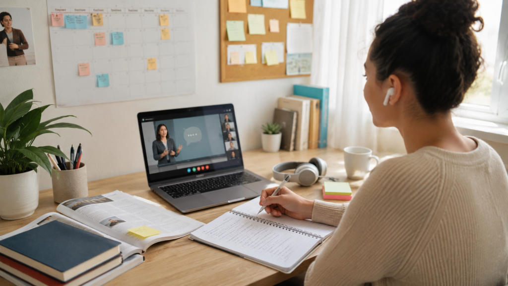 Pessoa adulta estudando inglês em uma mesa com notebook, calendário, fones de ouvido e materiais de estudo, representando rotina e progresso no aprendizado do idioma.