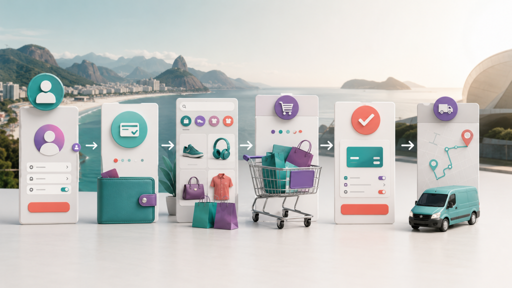 Fluxo de cadastro, saldo virtual, catálogo, carrinho e pedido fictício