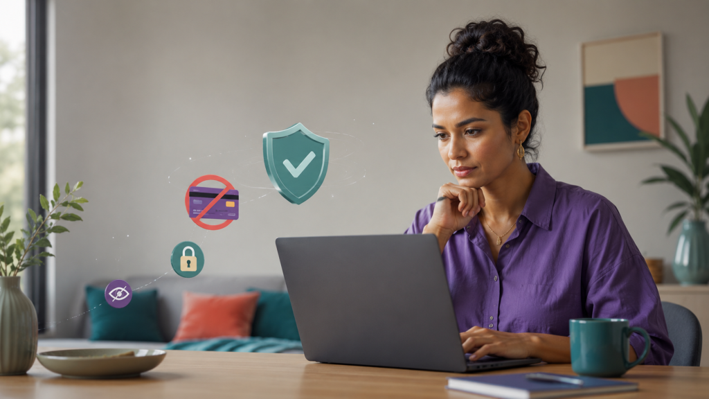 Pessoa conferindo privacidade e ausência de cobrança em um simulador de compras