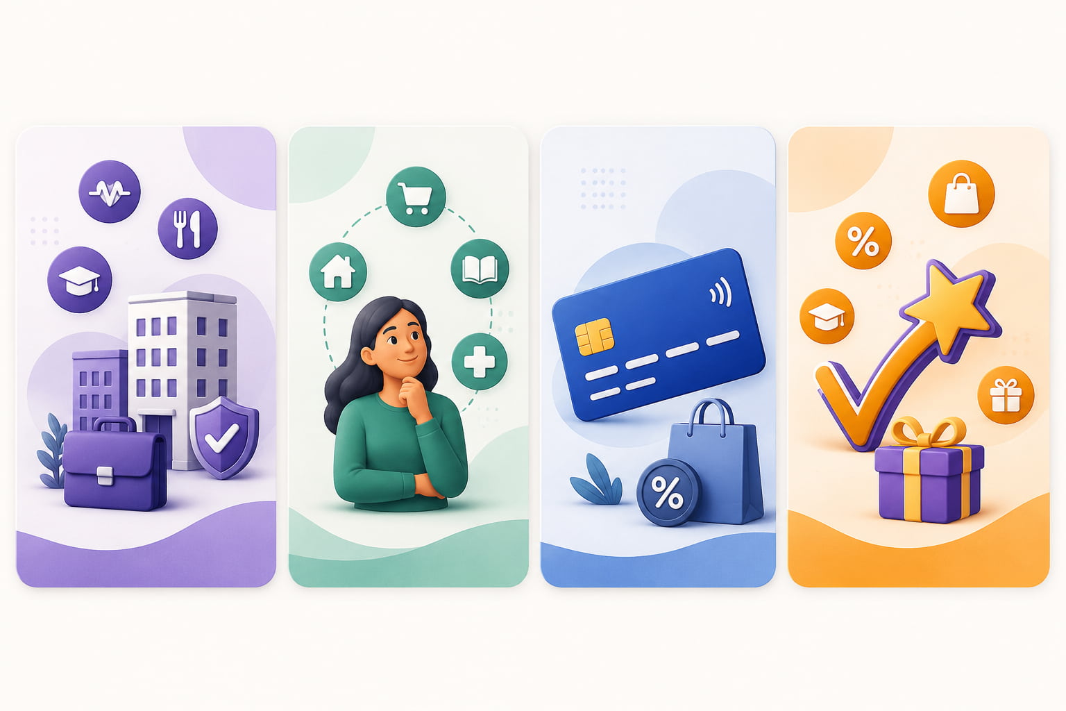 Ilustração dos tipos de programa de benefícios: corporativos, flexíveis, cartão e clube de benefícios