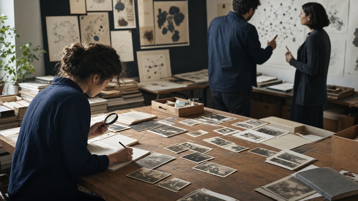 Cientista de dados analisa fotografias e documentos históricos em um acervo cultural