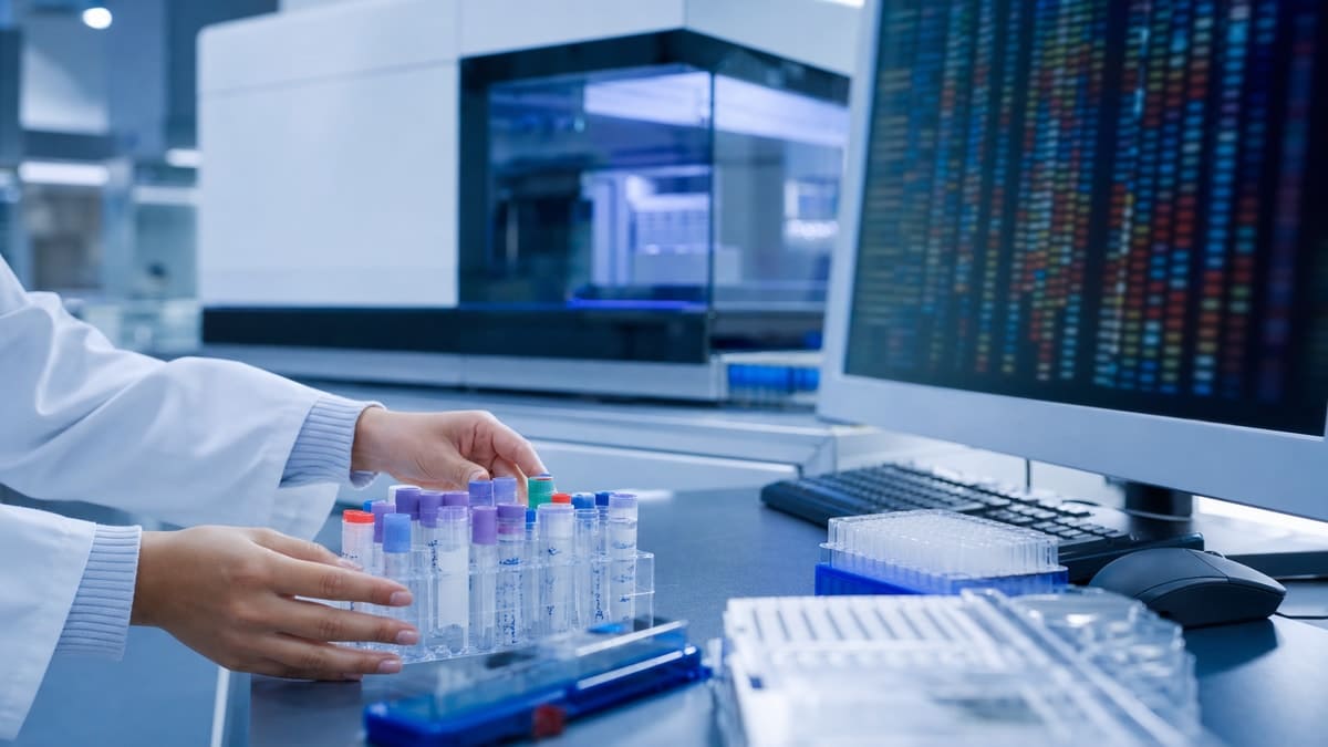 Amostras biológicas ao lado de um computador durante uma análise de dados de sequenciamento