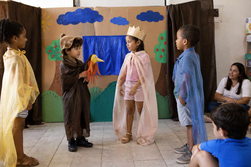 Crianças participando de atividade de teatro com cenário e figurinos feitos à mão na escola.
Imagem criada com auxílio de inteligência artificial
