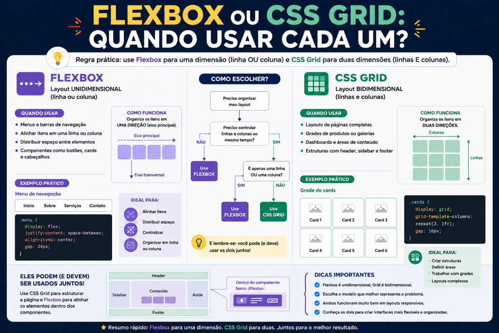 Comparação entre Flexbox e CSS Grid mostrando quando usar cada modelo de layout CSS