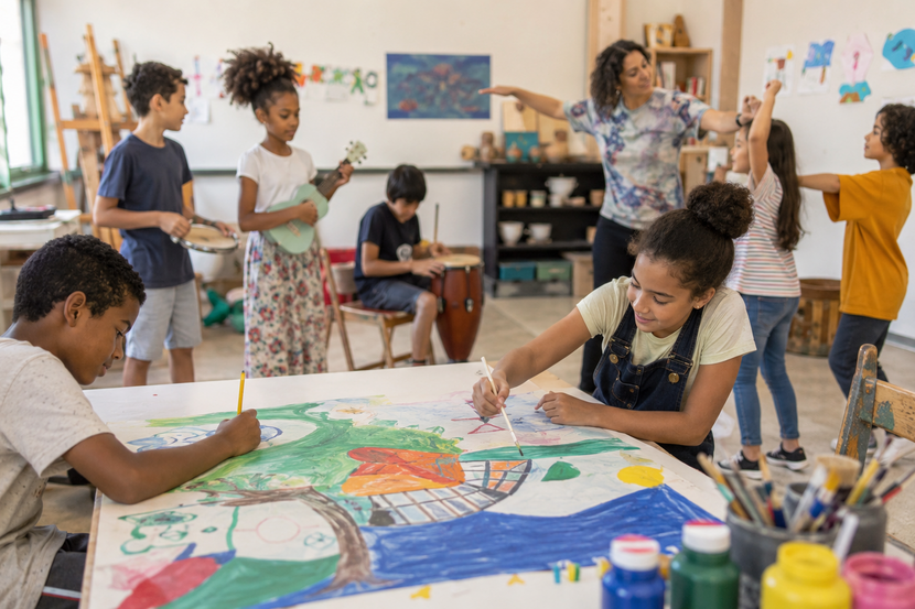 Estudantes participam de aula de artes na educação básica com pintura, música, dança e orientação de professora.
