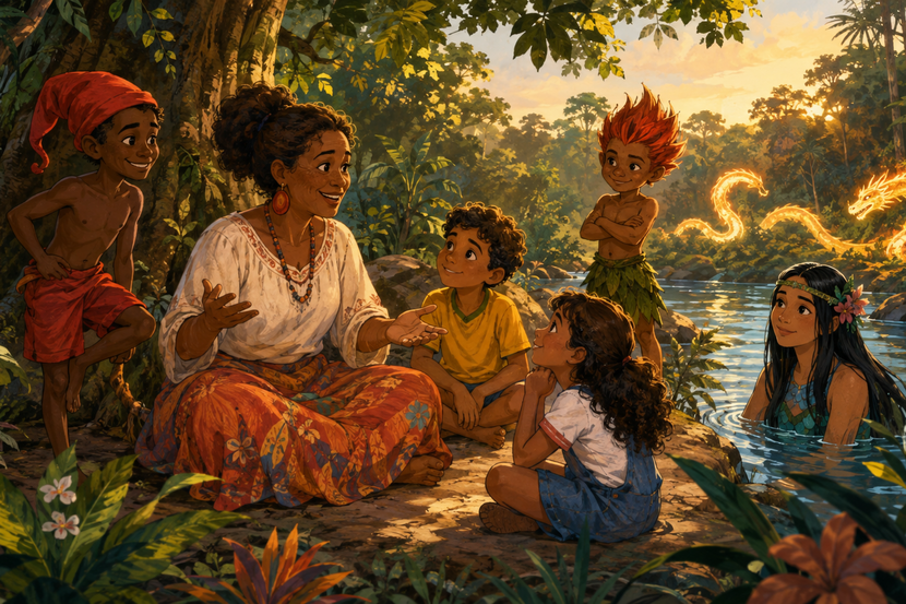 ilustração editorial de uma família contando histórias ao lado de personagens do folclore brasileiro