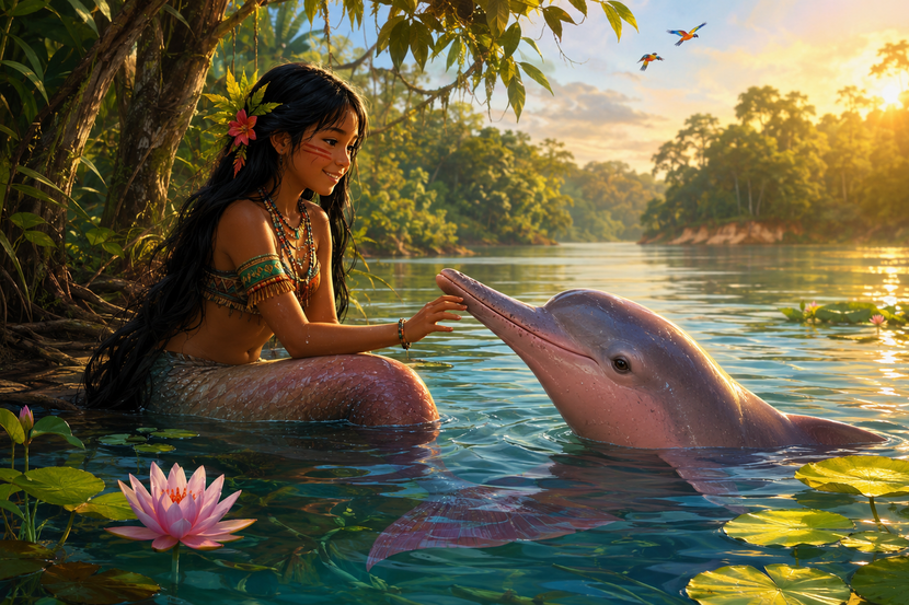 Iara encontra um Boto-cor-de-rosa em um rio da Amazônia, representando personagens do folclore brasileiro.