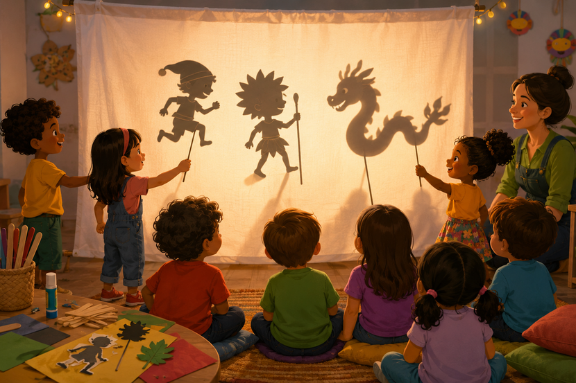 Crianças apresentam teatro de sombras com lendas do folclore brasileiro.
