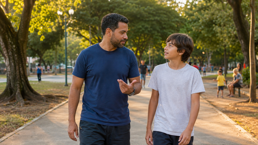 Pai conversa com filho pré-adolescente durante caminhada ao ar livre