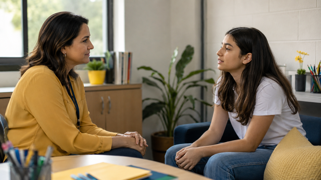 Orientadora escolar conversa com adolescente sobre saúde mental em ambiente acolhedor