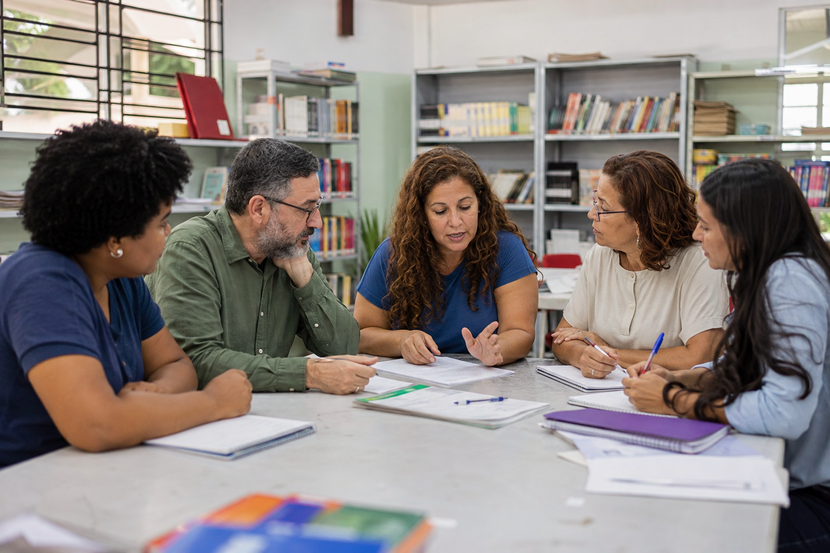 Profissionais da educação reunidos para planejar atividades pedagógicas em uma escola