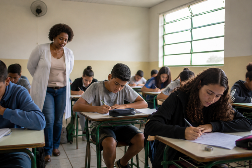 Estudantes do Ensino Fundamental realizando atividades em sala de aula durante avaliação acompanhada por professora.