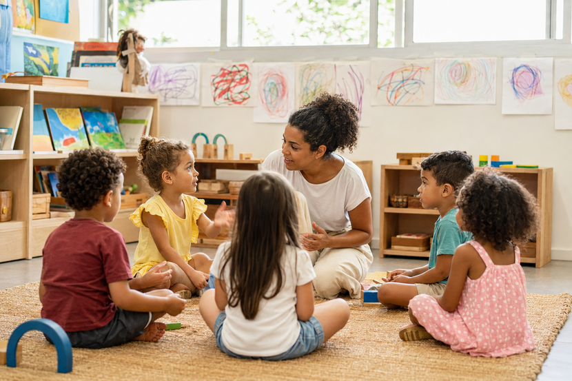 Professora da educação infantil conversa com crianças durante atividade em roda na sala de aula