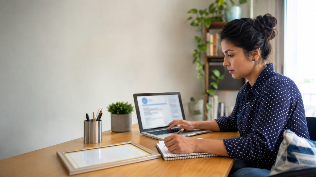 Profissional revisa currículo no notebook para informar uma pós-graduação incompleta